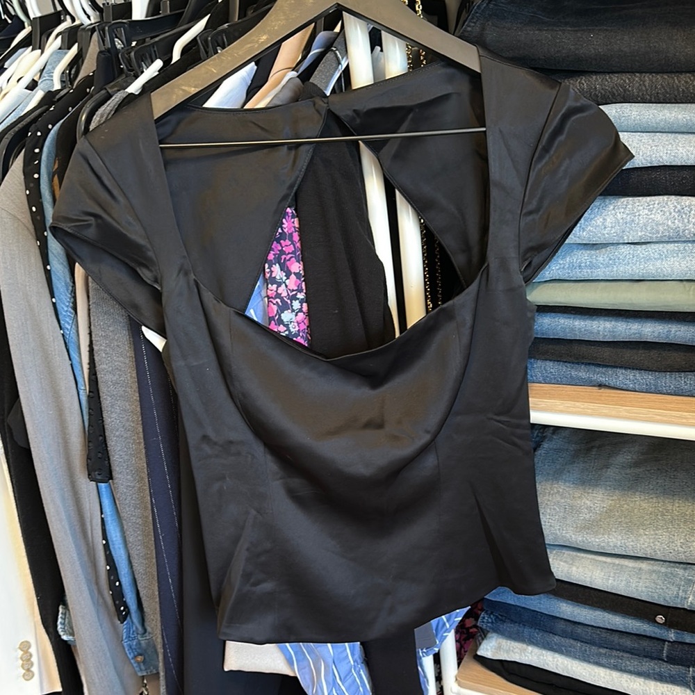 Reformation Black and Purple Cap Sleeve Blouse with Tie Front